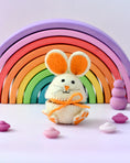 Load image into Gallery viewer, Tara Treasures - Felt Egg Cover Hopping Bunny (Pink, Blue and Orange)