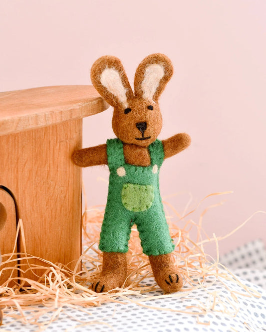 Tara Treasures Felt Brown Hare Rabbit with Green Overalls