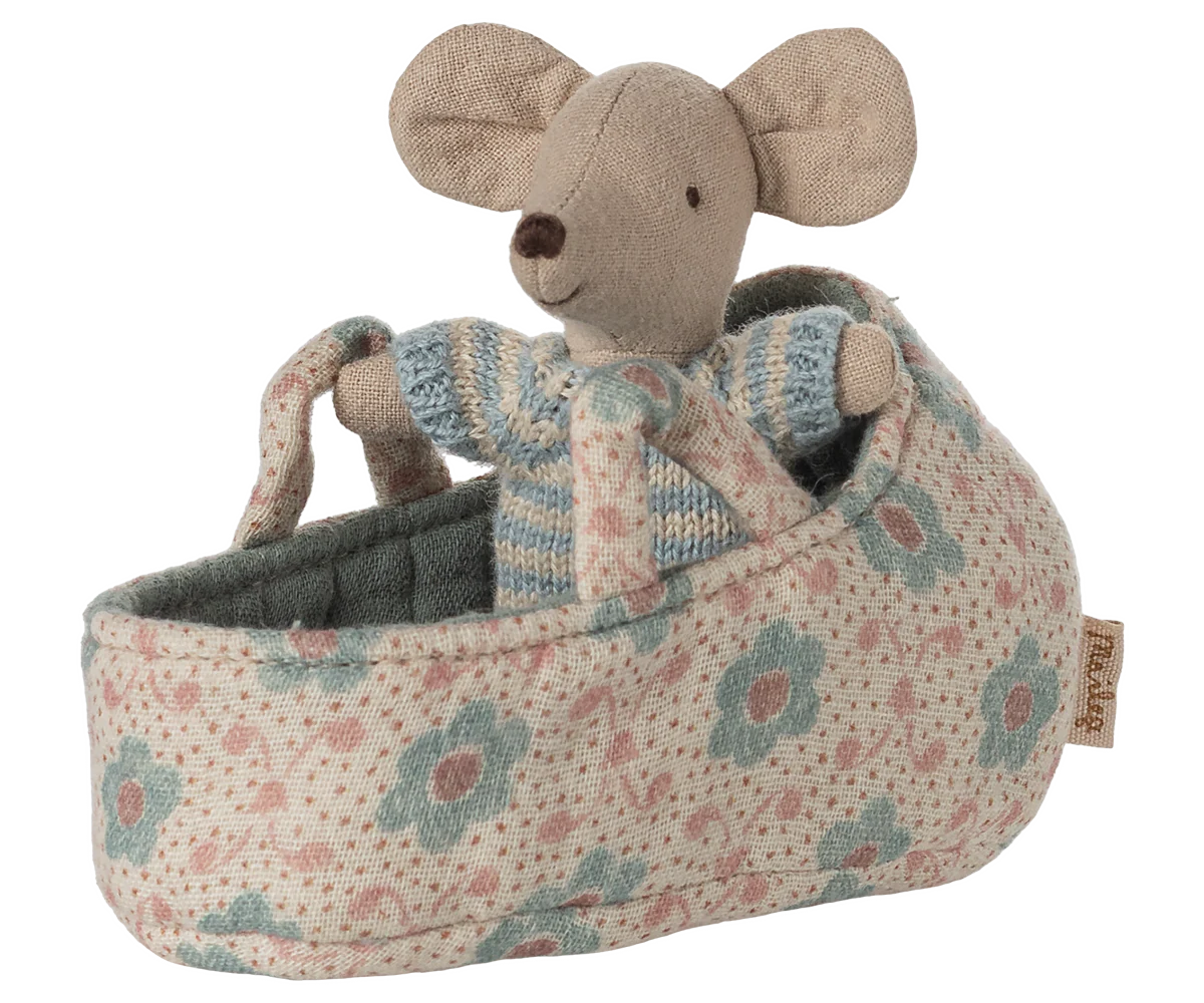 Maileg - Baby Mouse in Carry Cot Blue