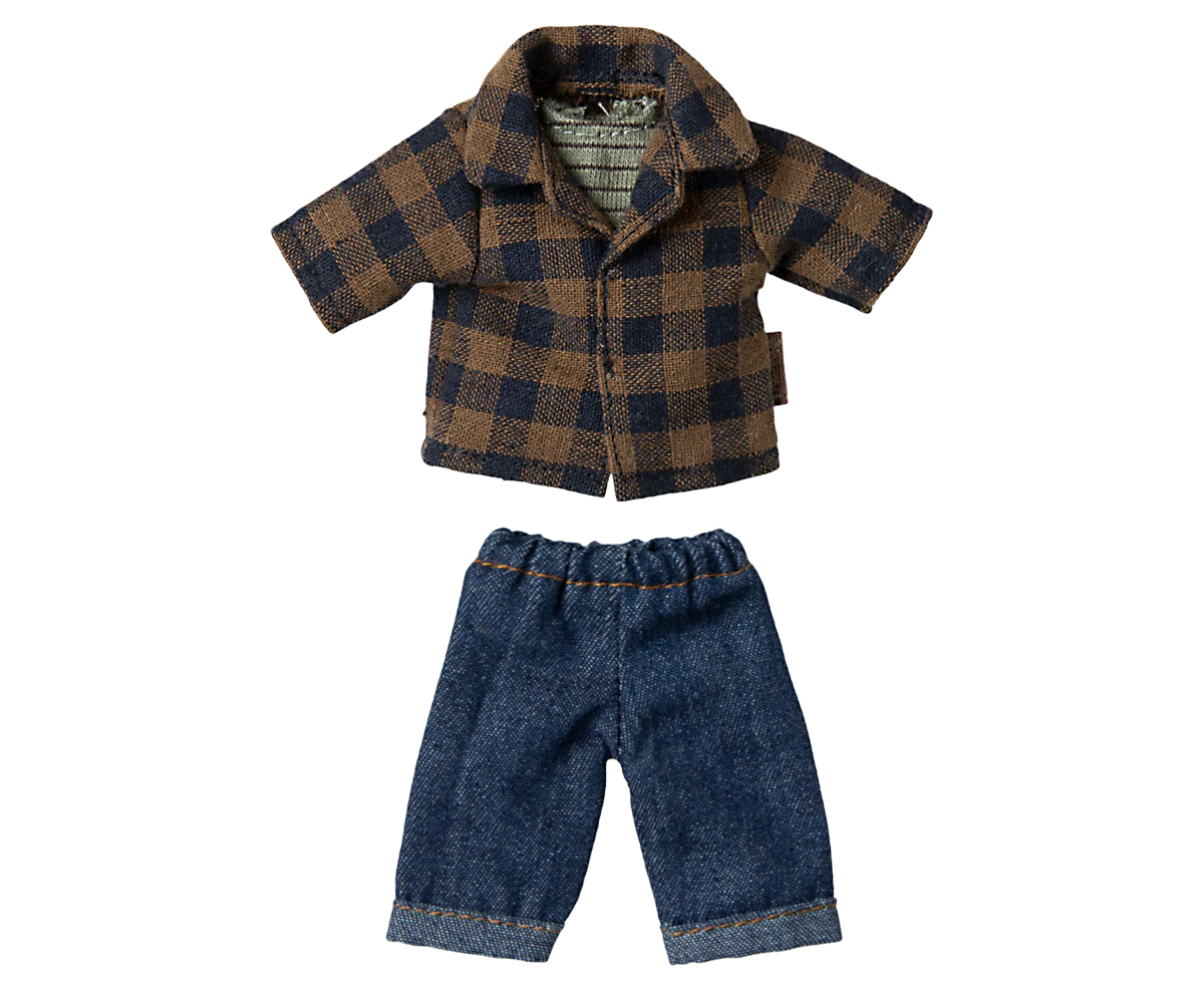 Maileg - Brown Checked Shirts and Pants for Dad Mouse