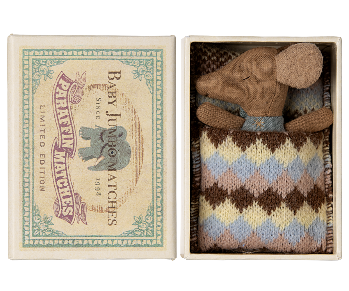 Maileg Sleepy Wakey Baby Mouse in Matchbox - Blue - Cheeky Junior
