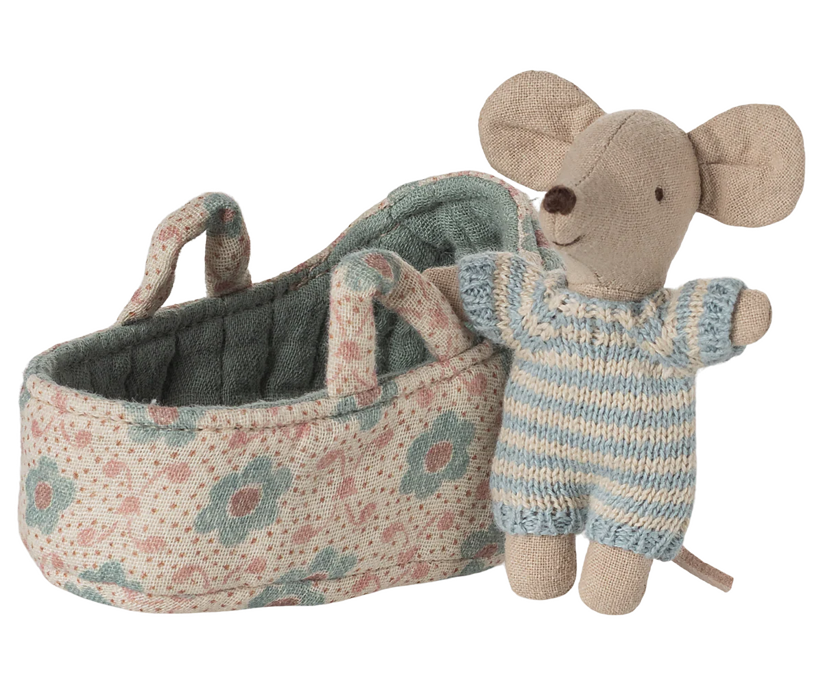 Maileg - Baby Mouse in Carry Cot Blue