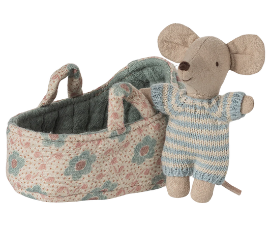 Maileg - Baby Mouse in Carry Cot Blue