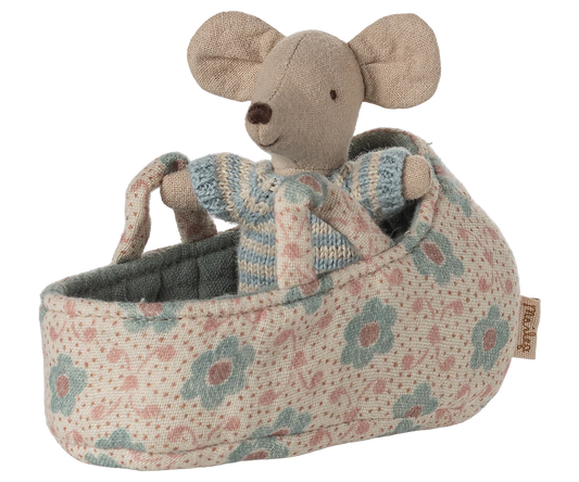 Maileg - Baby Mouse in Carry Cot Blue